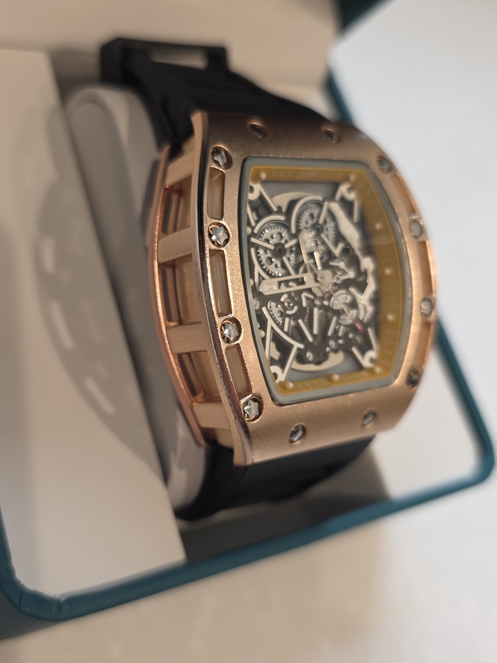 BiBi Rose Gold Skeleton Watch with Black Strap and Yellow Accent